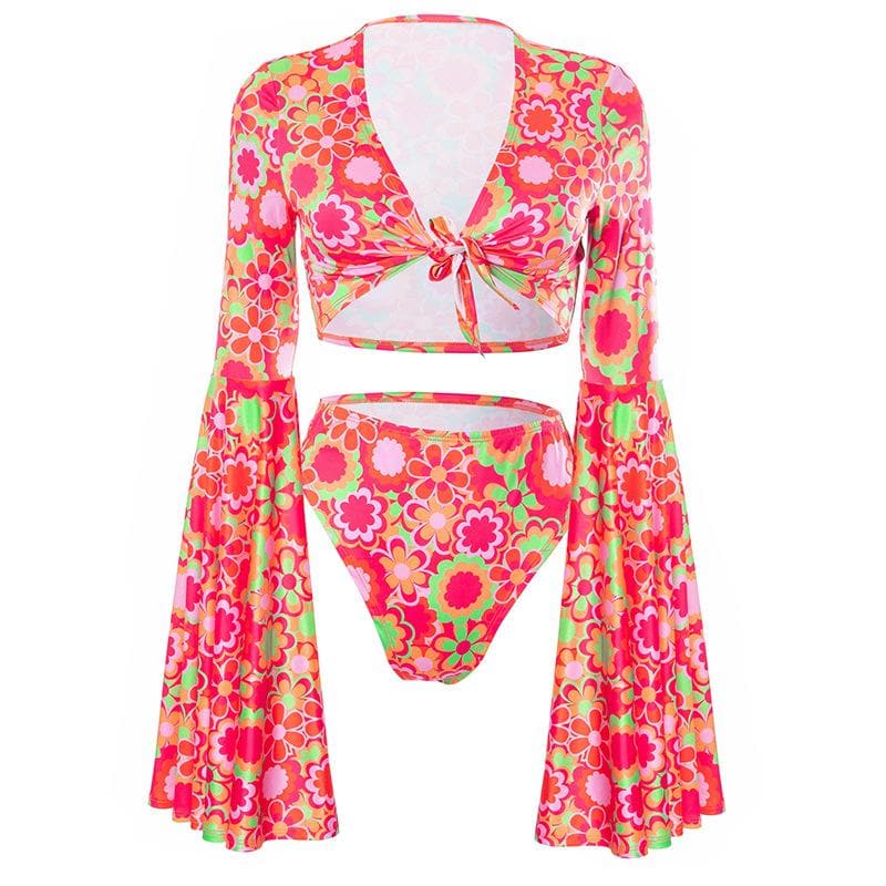 Flower print contrast flared sleeve self tie v neck pant set