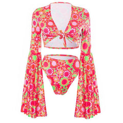 Flower print contrast flared sleeve self tie v neck pant set