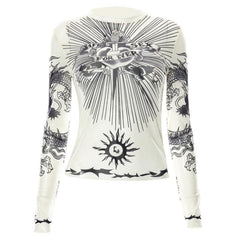 Long sleeve crewneck mesh see through print top