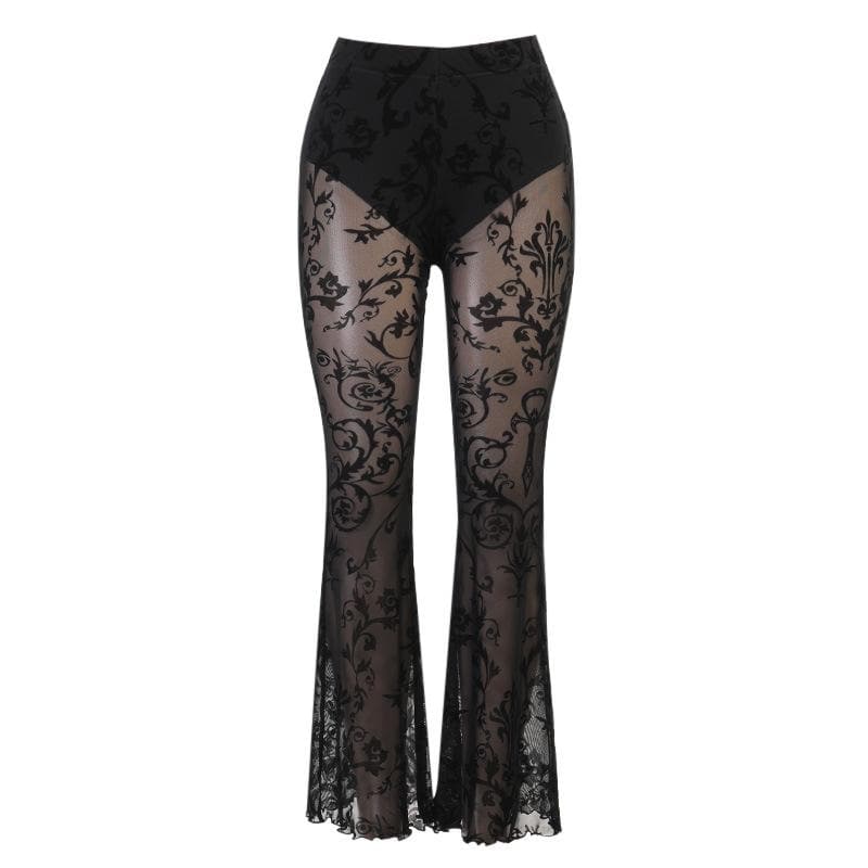 Lace ruffle solid medium rise flared pant