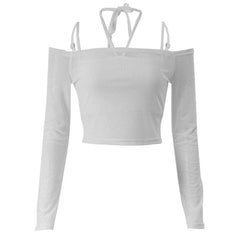 Langärmliges Neckholder-Camisole aus Netzstoff zum Selbstbinden, schulterfrei, 2-teiliges bauchfreies Top 