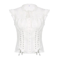 Ruffle cap sleeve lace up ruched corset button top