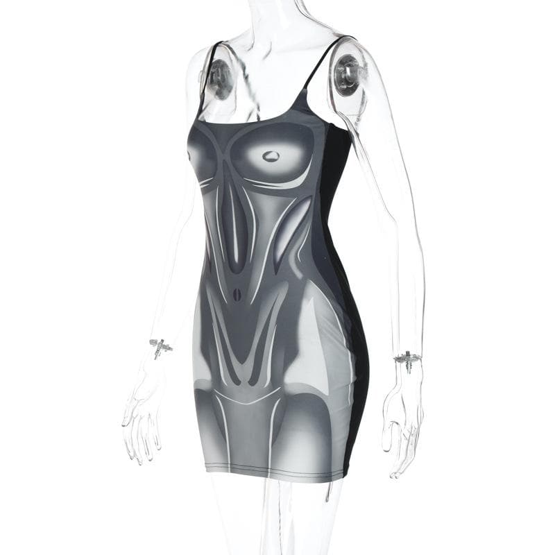 Cami-Minikleid mit eckigem Ausschnitt und Body-Print in Kontrastfarbe