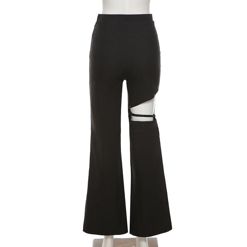 Zip up hollow out flared solid pant