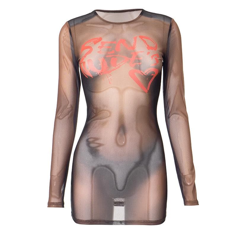 Minivestido de cuello redondo de malla transparente con estampado de cuerpo de manga larga 