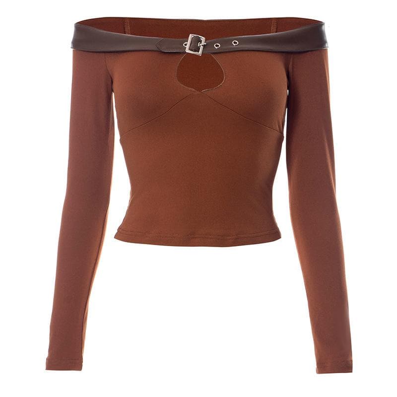 Buckle PU leather patchwork off shoulder contrast long sleeve top