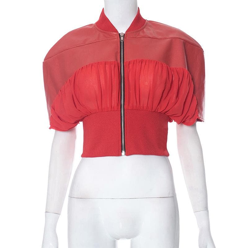 Ruched zip-up short sleeve PU leather patchwork crop top