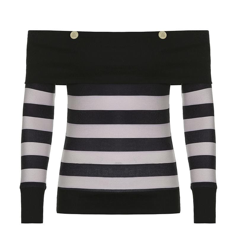 Off shoulder contrast striped button long sleeve top - Final Sale