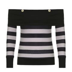 Off shoulder contrast striped button long sleeve top - Final Sale