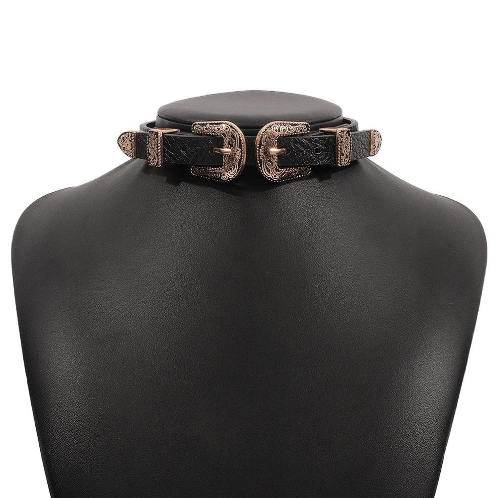 Metal button PU choker necklace