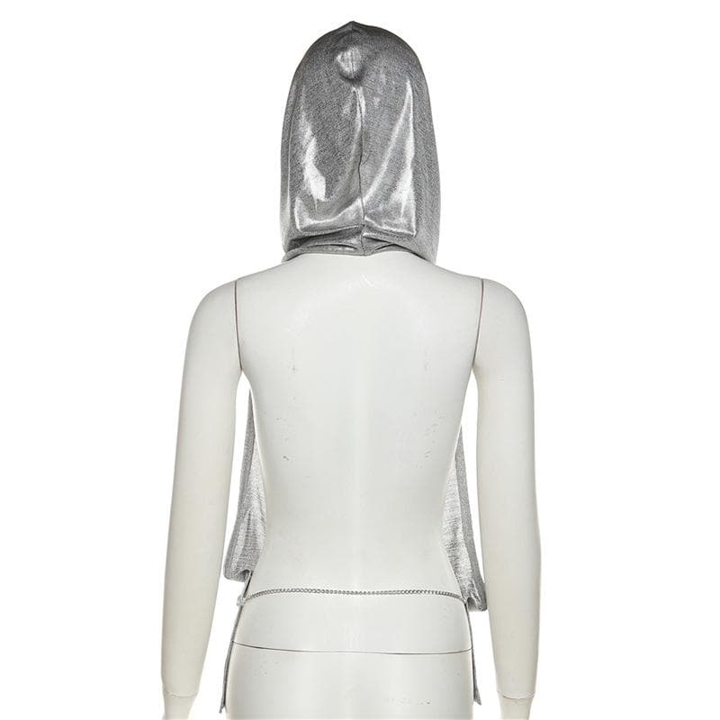 Rückenfreies Hoodie-Oberteil mit Wasserfallausschnitt und gerüschter Metallkette