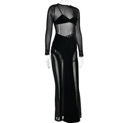 Mesh patchwork velvet solid long sleeve maxi dress