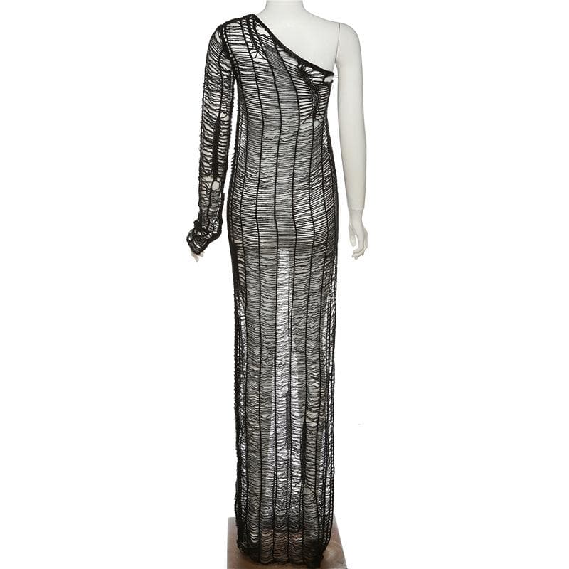 Knitted see through one shoulder long sleeve solid crochet maxi dress