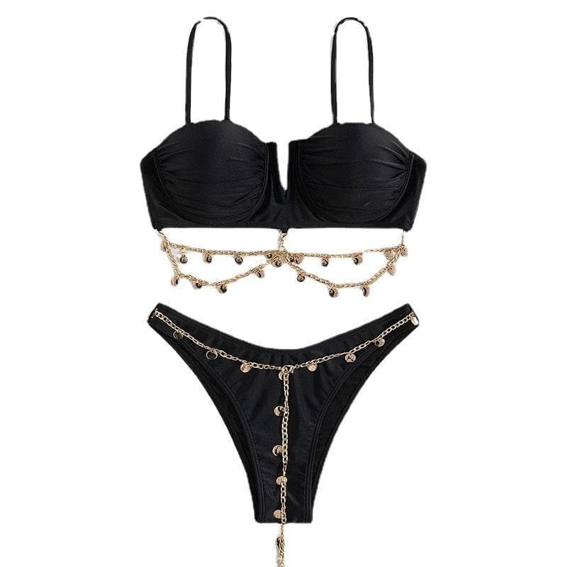 Gepolsterter Bikini mit Metallkette und Rüschen