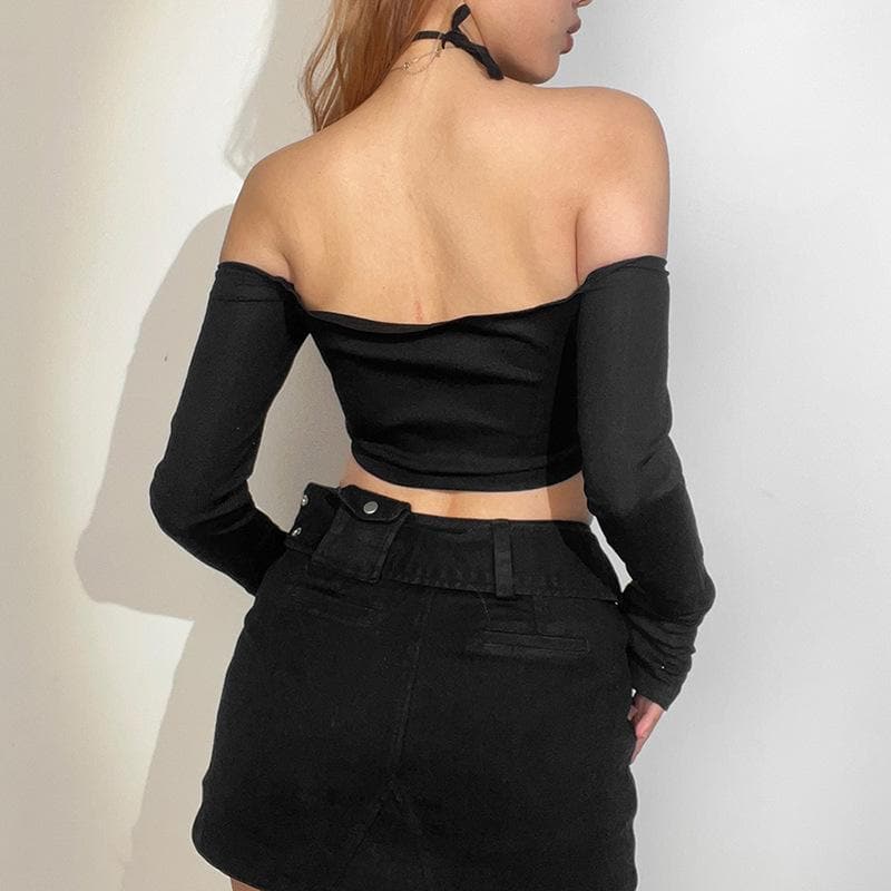 Textured contrast halter backless off shoulder long sleeve crop top