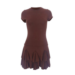 Crewneck short sleeve pleated solid mini dress