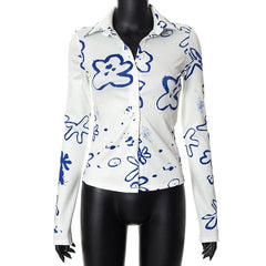 Turnover collar button contrast print long sleeve top