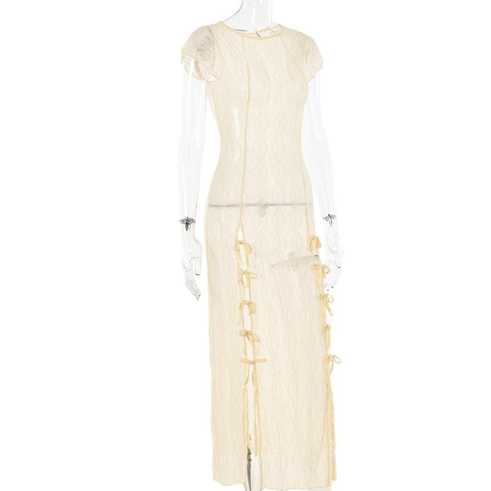 Textured slit self tie solid see through ruffle short sleeve midi dress