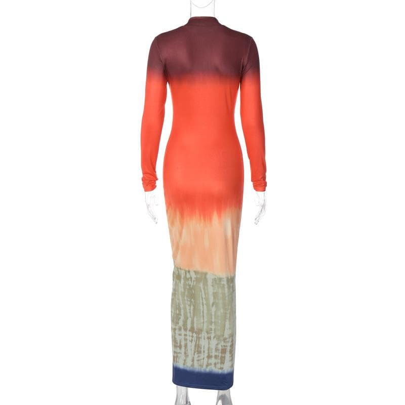 Tie dye print long sleeve high neck contrast maxi dress