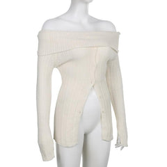 Long sleeve solid slit knitted off shoulder button top