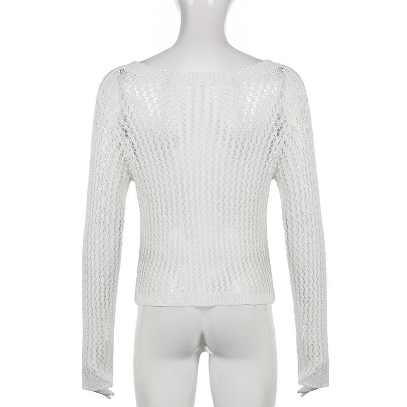 Knitted round neck long sleeve hollow out crochet top