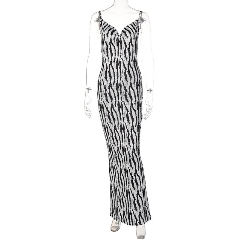 Zebra print contrast cowl neck backless slit low cut midi dress