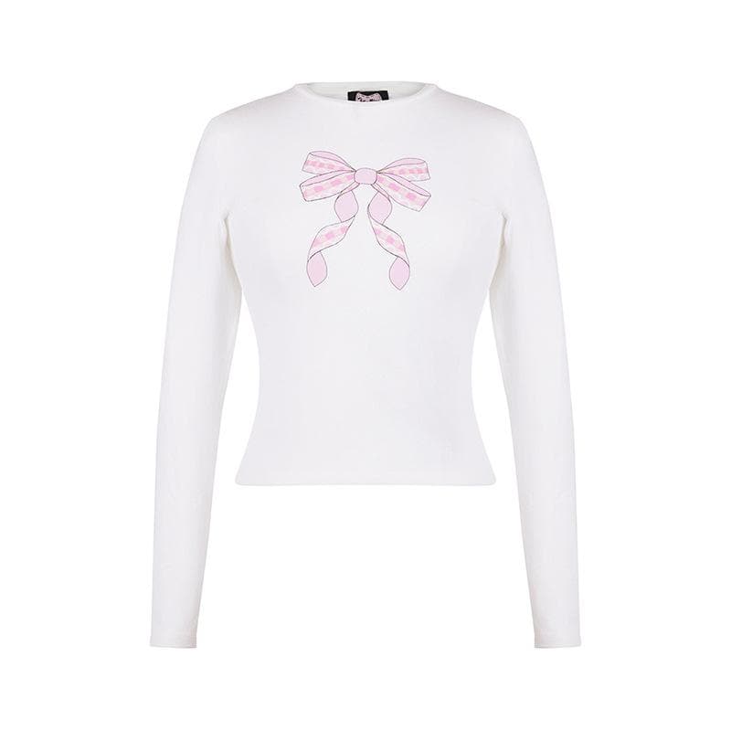 Bowknot pattern contrast crewneck long sleeve top