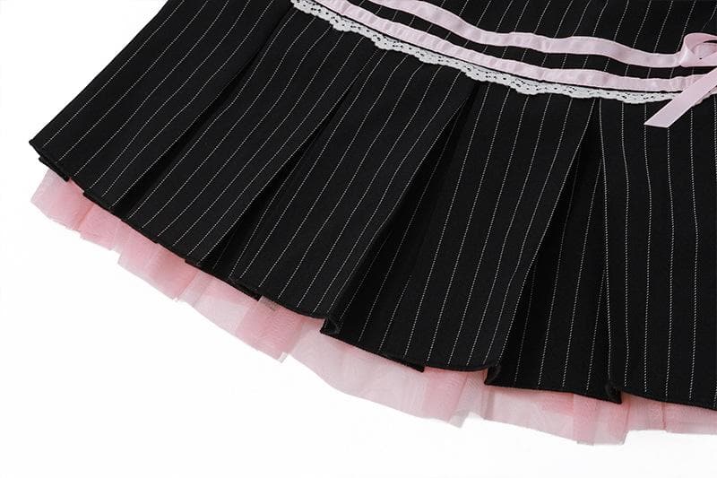 Pleated striped button lace hem bowknot stitch mini skirt