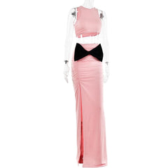 Bowknot contrast sleeveless slit ruched maxi skirt set