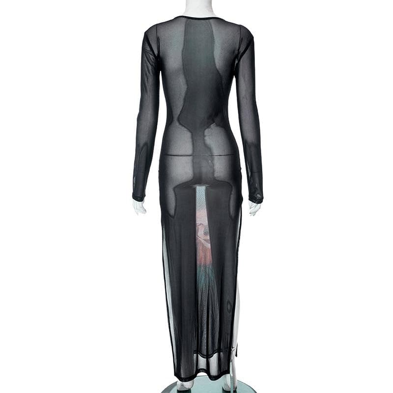 Joker pattern long sleeve sheer mesh see through slit maxi dress