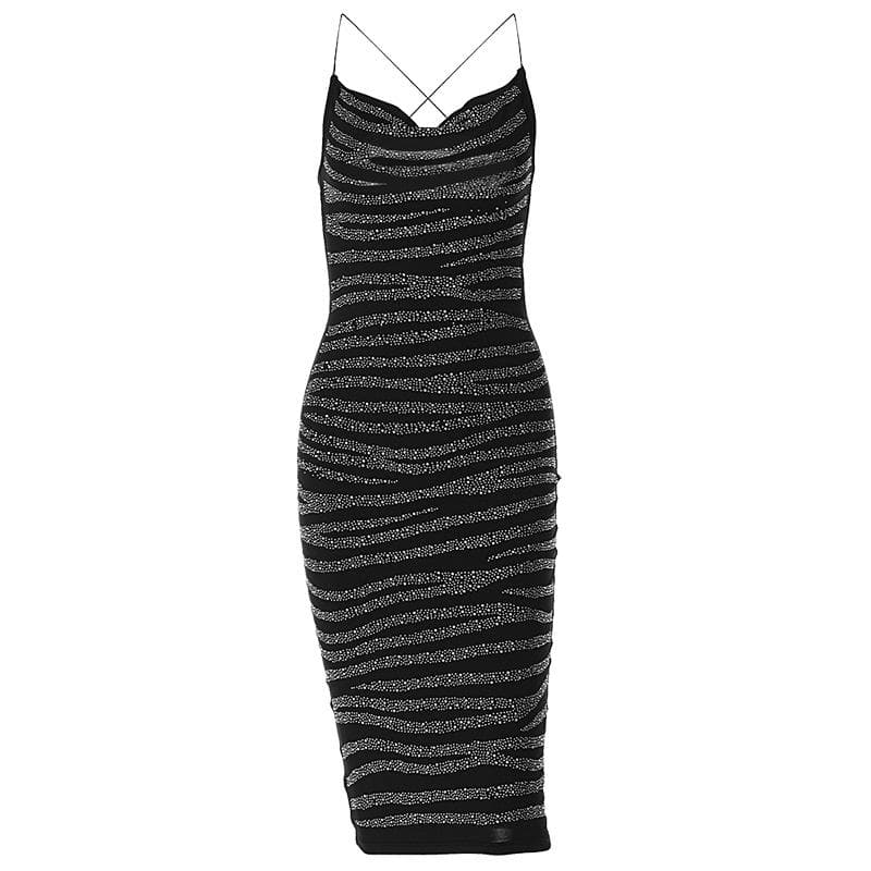 Beaded cowl neck cross back contrast spaghetti strap backless midi dress