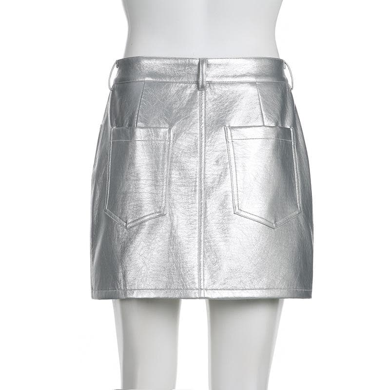 Solid metallic button pocket high rise mini skirt