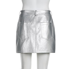 Solid metallic button pocket high rise mini skirt