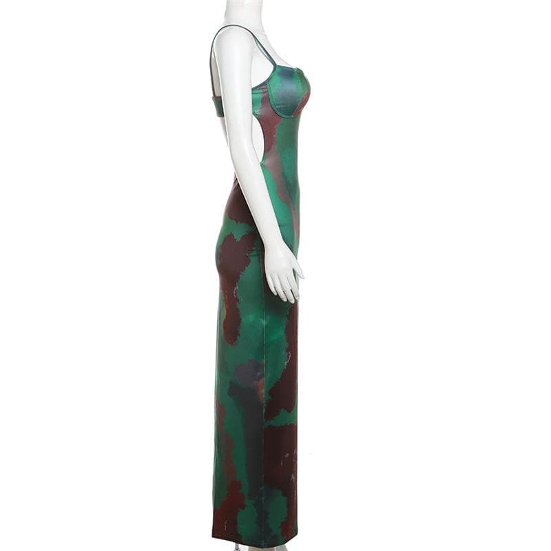 Tie dye v neck contrast hollow out backless cami maxi dress