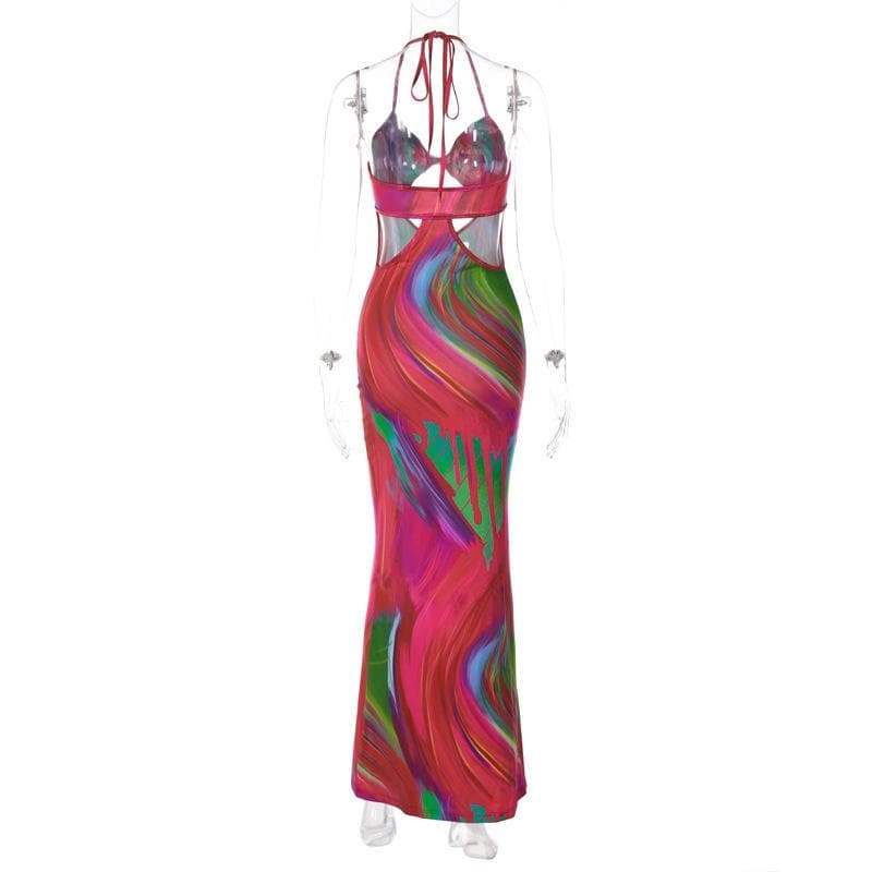 Contrast print halter hollow out knotted backless maxi dress