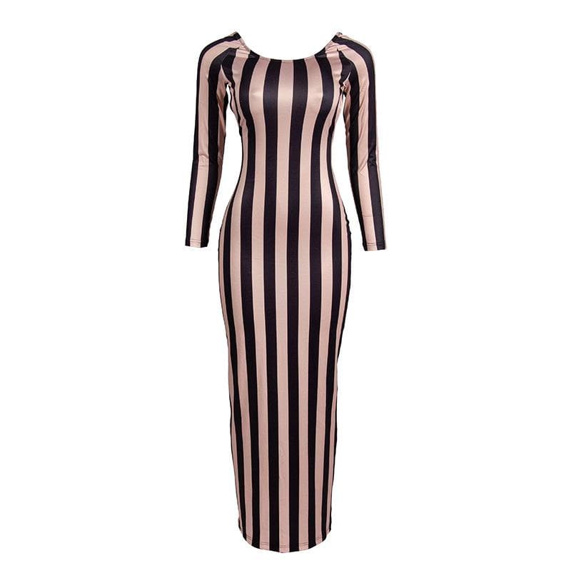 Striped print backless long sleeve contrast round neck maxi dress