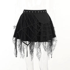 Solid irregular mesh spider web pattern mini skirt