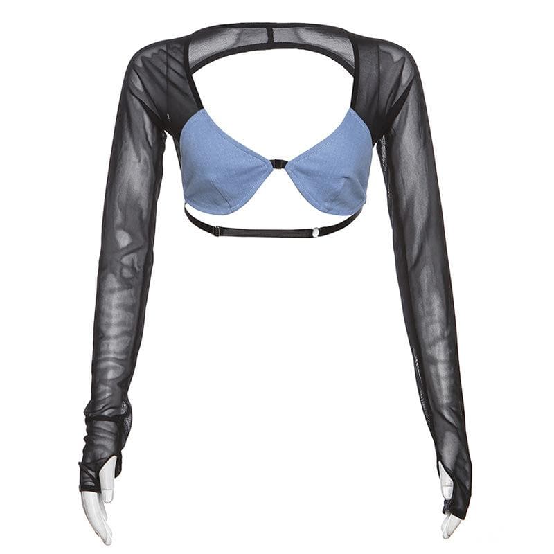 Mesh-Patchwork-Kontrast-Langarmhandschuhe, tief ausgeschnittenes rückenfreies Crop-Top