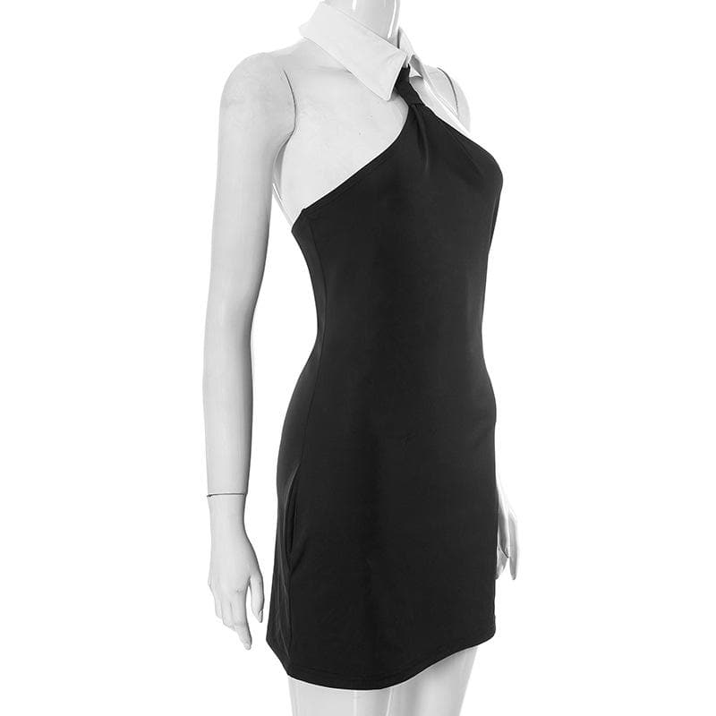 Turnover collar halter contrast button backless mini dress