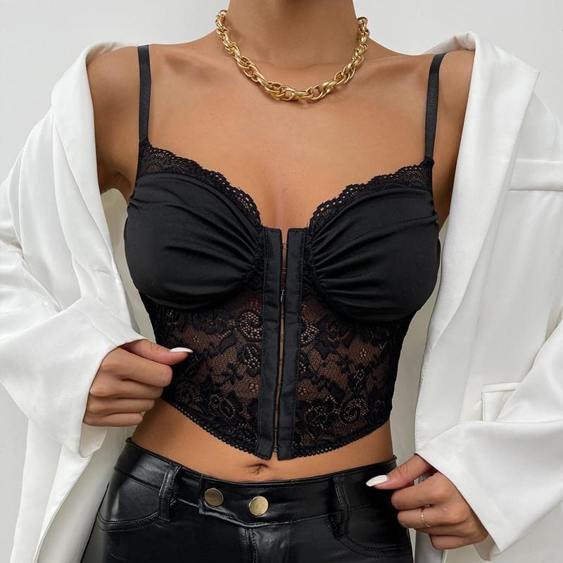 Bustier mit gerüschtem Spitzensaum und Knopfleiste, rückenfrei, einfarbig, Camisole-Oberteil