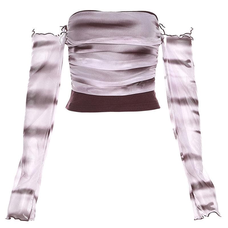 Long sleeve off shoulder ruffle mesh tie dye ruched top