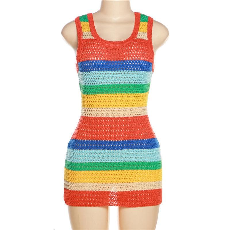 Sleeveless u neck striped contrast crochet mini dress