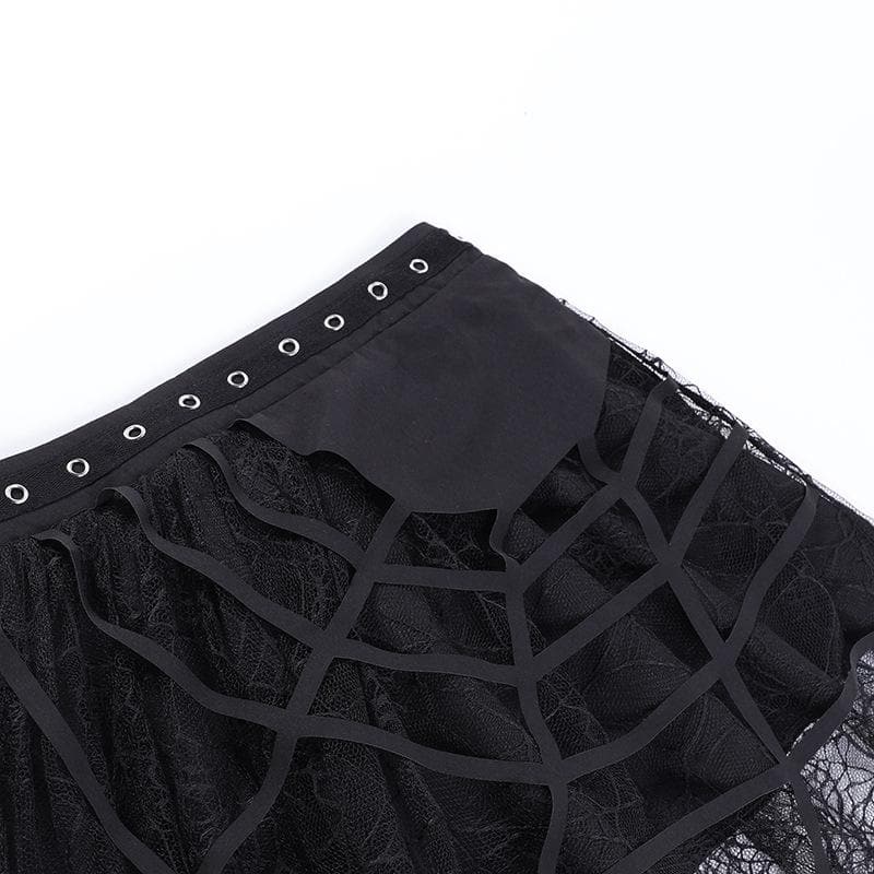 Solid irregular mesh spider web pattern mini skirt