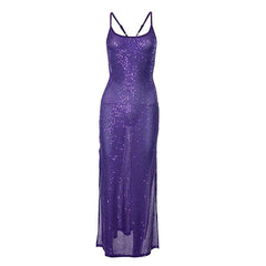 Glitzerndes, durchsichtiges, rückenfreies Maxi-Camisole-Kleid mit U-Ausschnitt