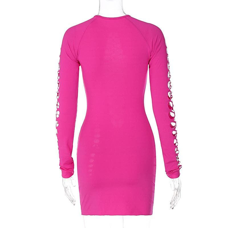 Hollow out long sleeve solid crewneck mini dress