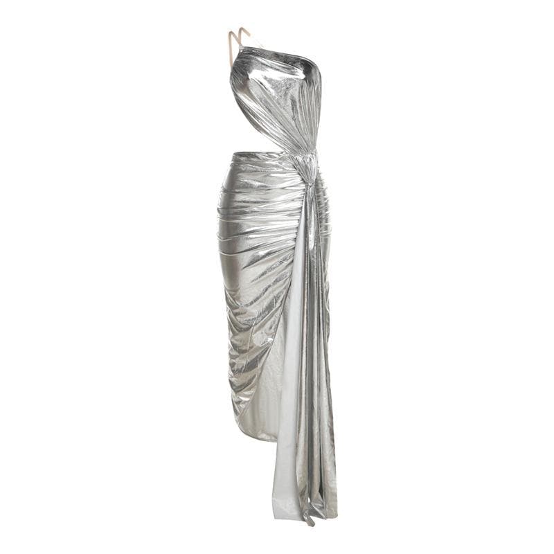 Metallic-Maxikleid mit unregelmäßigem Rücken und One-Shoulder-Träger