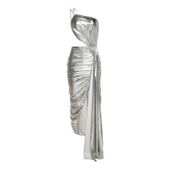 Metallic one shoulder irregular backless maxi dress