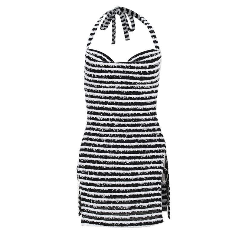 Halter o ring textured striped cowl neck mini dress