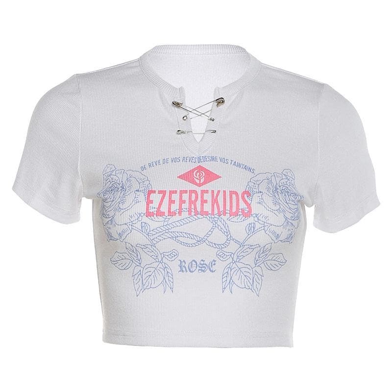 Geripptes Crop-Top mit kurzen Ärmeln und Print