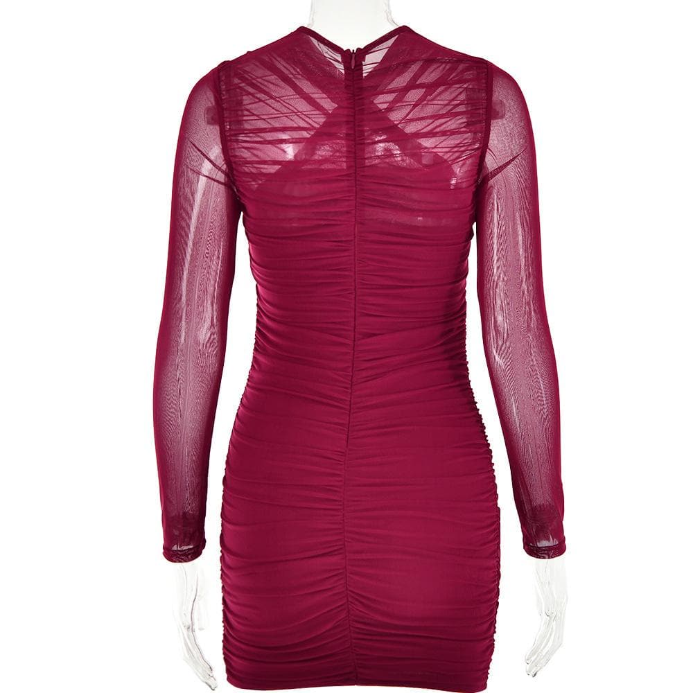 Cross front mesh ruched zip-up long sleeve solid mini dress